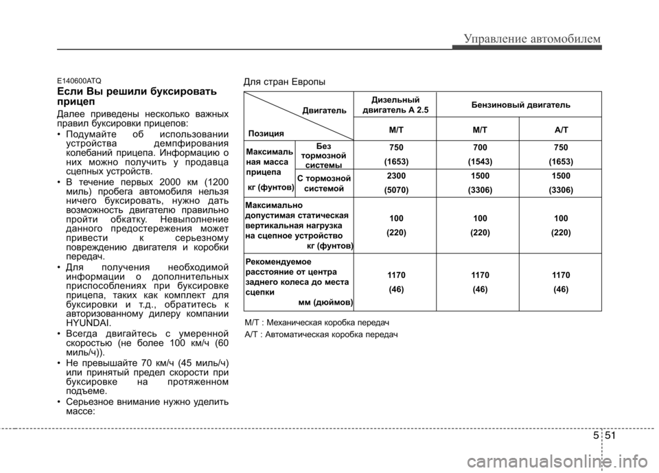 Hyundai H-1 (Grand Starex) 2010  Инструкция по эксплуатации (in Russian) 551
Управление автомобилем
E140600ATQ 
Если Вы решили буксировать 
прицеп 
Далее приведены несколько важных 
правил
