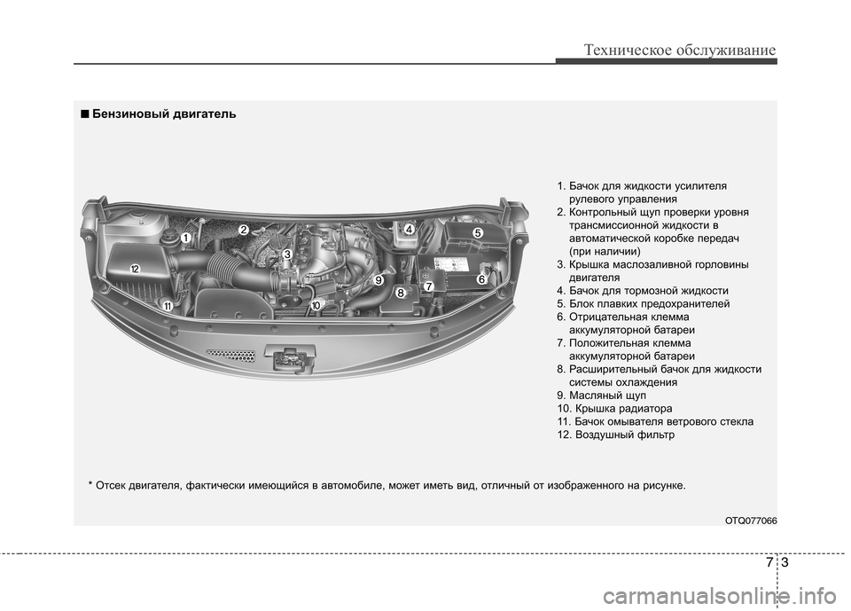 Hyundai H-1 (Grand Starex) 2010  Инструкция по эксплуатации (in Russian) 73
Техническое обслуживание
OTQ077066
1. Бачок для жидкости усилителя
рулевого управления
2. Контрольный щуп прове
