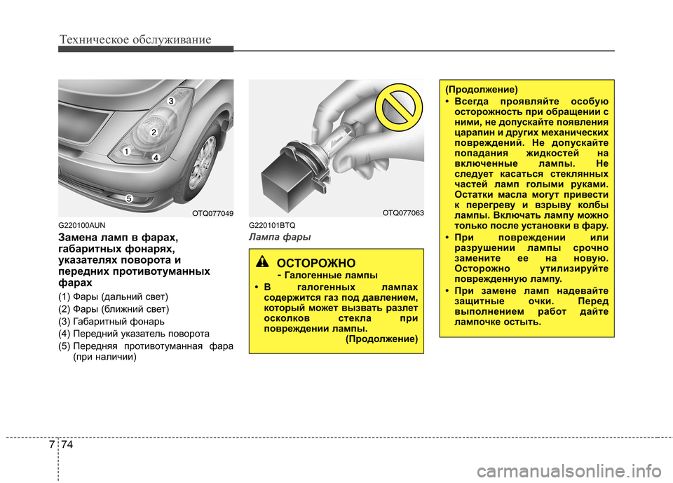 Hyundai H-1 (Grand Starex) 2010  Инструкция по эксплуатации (in Russian) Техническое обслуживание
74
7
G220100AUN 
Замена ламп в фарах, 
габаритных фонарях,
указателях поворота и
передних п