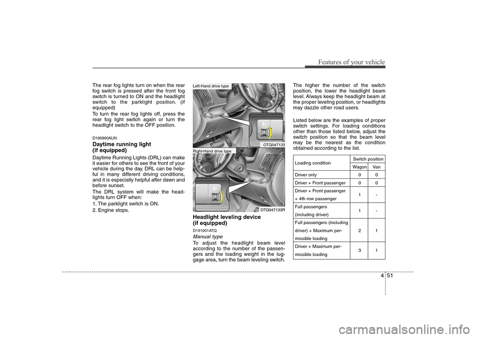 Hyundai H-1 (Grand Starex) 2009 Owners Manual 451
Features of your vehicle
The rear fog lights turn on when the rear
fog switch is pressed after the front fog
switch is turned to ON and the headlight
switch to the parklight position. (ifequipped Hyundai H-1 (Grand Starex) 2009 Owners Manual 451
Features of your vehicle
The rear fog lights turn on when the rear
fog switch is pressed after the front fog
switch is turned to ON and the headlight
switch to the parklight position. (ifequipped