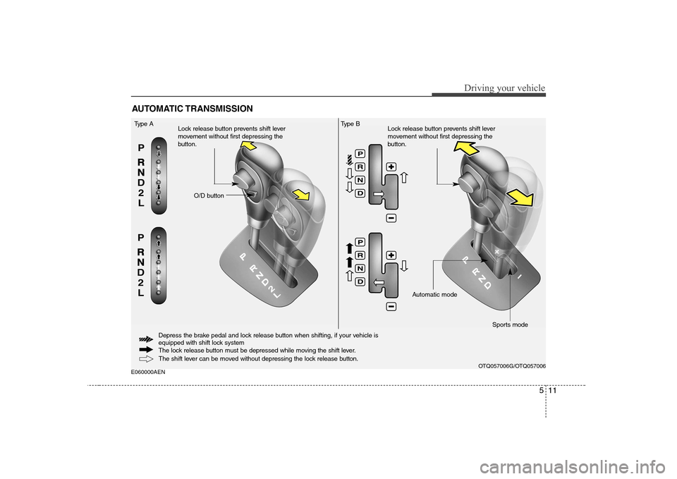 Hyundai H-1 (Grand Starex) 2009 Owners Manual 511
Driving your vehicle
E060000AENAUTOMATIC TRANSMISSION
The shift lever can be moved without depressing the lock release button.
O/D button
Type A
Lock release button prevents shift lever
movement Hyundai H-1 (Grand Starex) 2009 Owners Manual 511
Driving your vehicle
E060000AENAUTOMATIC TRANSMISSION
The shift lever can be moved without depressing the lock release button.
O/D button
Type A
Lock release button prevents shift lever
movement