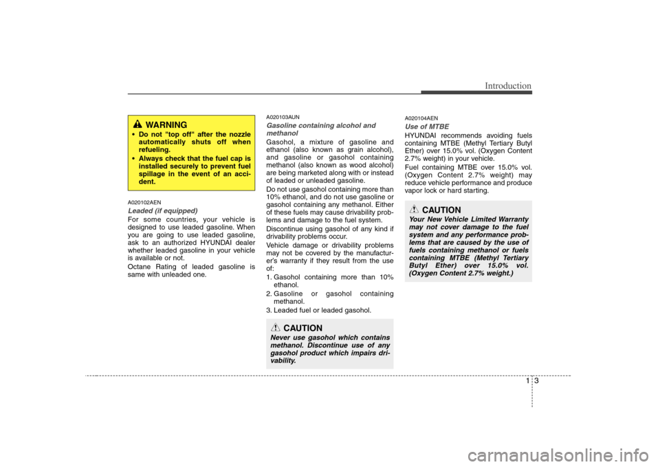 Hyundai H-1 (Grand Starex) 2009  Owners Manual 13
Introduction
A020102AEN
Leaded (if equipped)
For some countries, your vehicle is 
designed to use leaded gasoline. When
you are going to use leaded gasoline,
ask to an authorized HYUNDAI dealer
whe