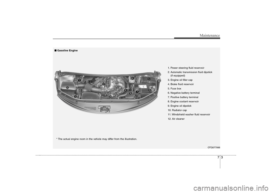 Hyundai H-1 (Grand Starex) 2009  Owners Manual 73
Maintenance
OTQ077066
1. Power steering fluid reservoir 
2. Automatic transmission fluid dipstick 
(if equipped)
3. Engine oil filler cap
4. Brake fluid reservoir
5. Fuse box
6. Negative battery te