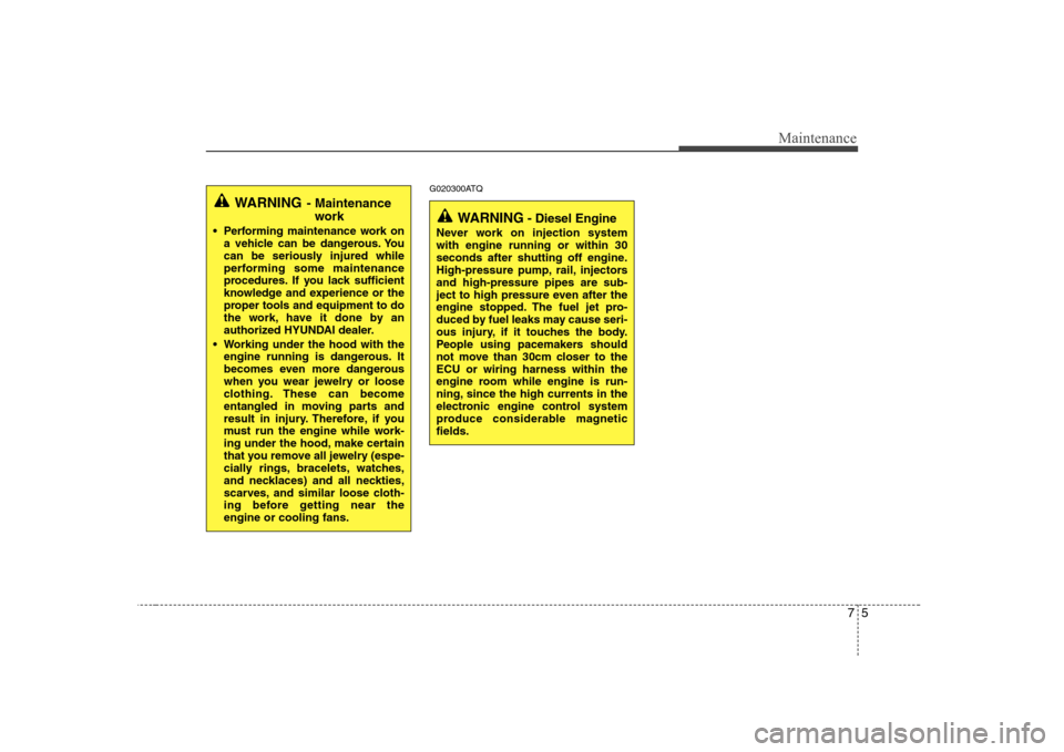 Hyundai H-1 (Grand Starex) 2009  Owners Manual 75
Maintenance
G020300ATQ
WARNING- Maintenance
work
 Performing maintenance work on a vehicle can be dangerous. You 
can be seriously injured while
performing some maintenance
procedures. If you lack 