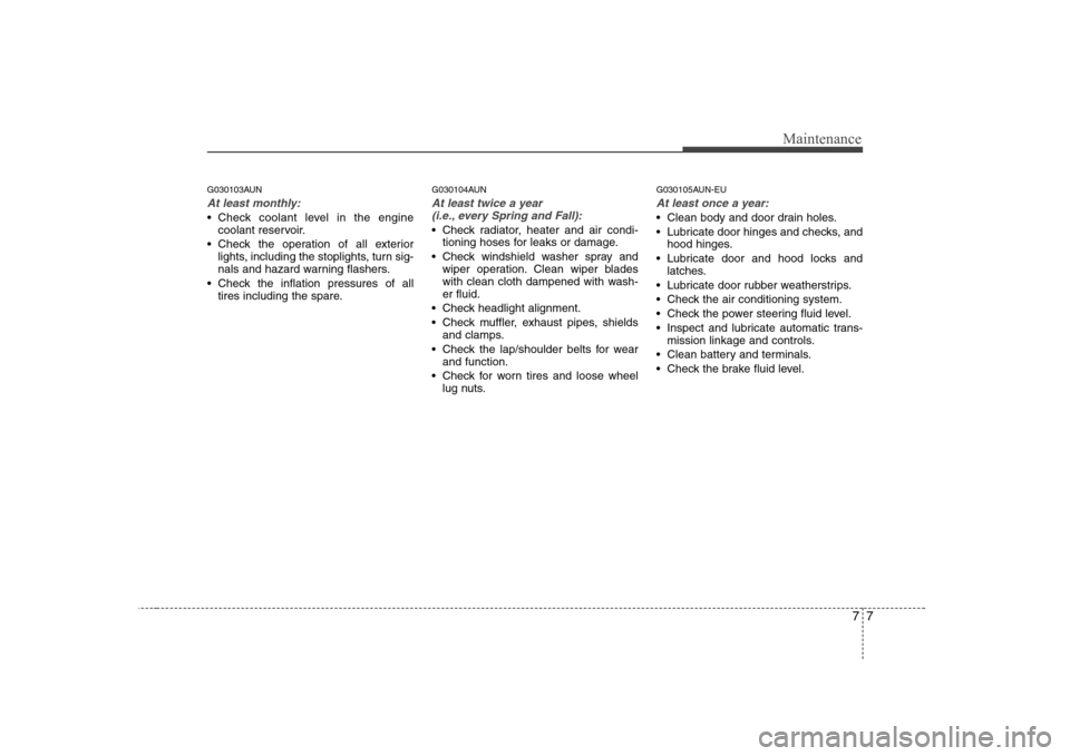 Hyundai H-1 (Grand Starex) 2009  Owners Manual 77
Maintenance
G030103AUN
At least monthly:
 Check coolant level in the enginecoolant reservoir.
 Check the operation of all exterior lights, including the stoplights, turn sig- 
nals and hazard warni