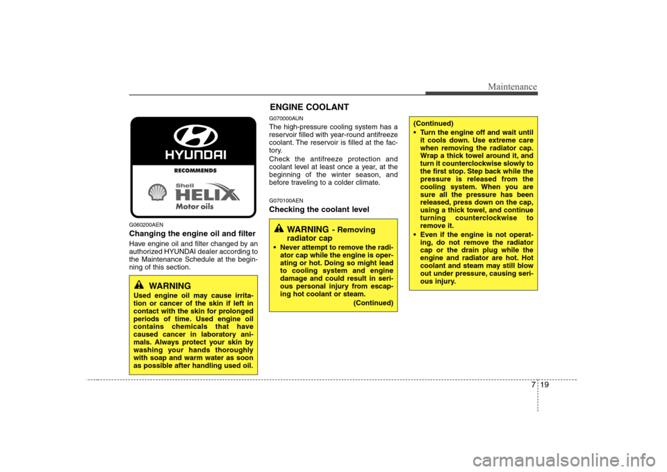 Hyundai H-1 (Grand Starex) 2009  Owners Manual 719
Maintenance
G060200AEN Changing the engine oil and filter 
Have engine oil and filter changed by an 
authorized HYUNDAI dealer according tothe Maintenance Schedule at the begin-ning of this sectio