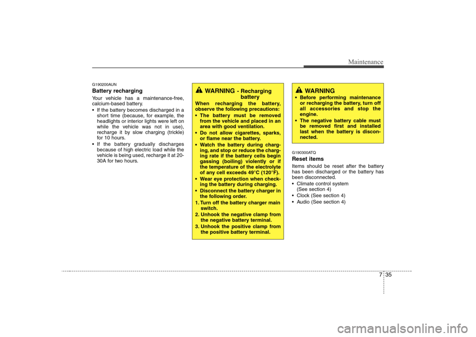 Hyundai H-1 (Grand Starex) 2009  Owners Manual 735
Maintenance
G190200AUN 
Battery recharging   
Your vehicle has a maintenance-free, 
calcium-based battery. 
 If the battery becomes discharged in ashort time (because, for example, the 
headlights