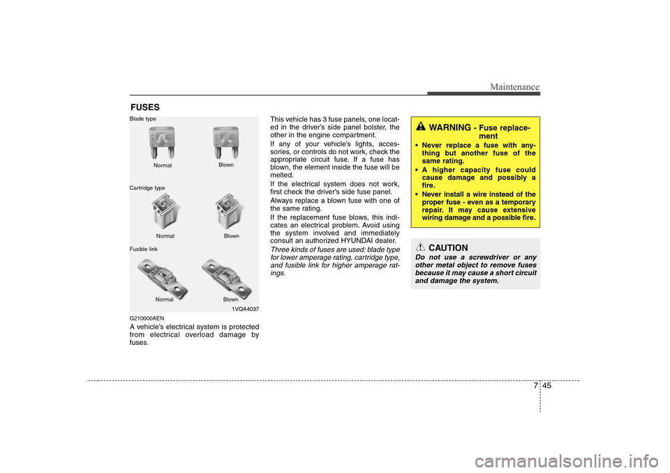 Hyundai H-1 (Grand Starex) 2009  Owners Manual 745
Maintenance
FUSES
G210000AEN 
A vehicle’s electrical system is protected 
from electrical overload damage by
fuses. This vehicle has 3 fuse panels, one locat-
ed in the driver’s side panel bol