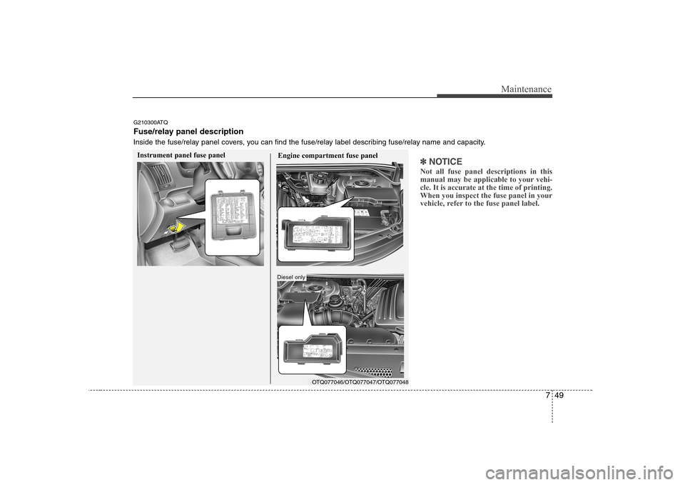 Hyundai H-1 (Grand Starex) 2009  Owners Manual 749
Maintenance
✽✽NOTICE
Not all fuse panel descriptions in this 
manual may be applicable to your vehi-cle. It is accurate at the time of printing.When you inspect the fuse panel in your
vehicle,