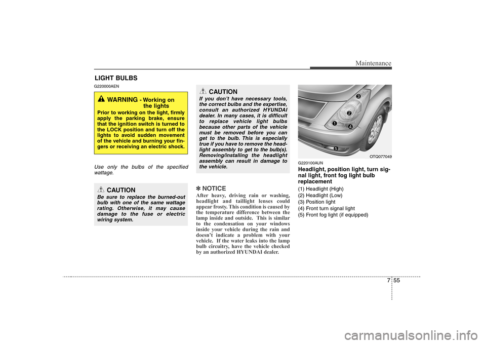 Hyundai H-1 (Grand Starex) 2009  Owners Manual 755
Maintenance
LIGHT BULBS
G220000AEN
Use only the bulbs of the specified wattage.
✽✽ NOTICE
After heavy, driving rain or washing, headlight and taillight lenses could
appear frosty. This conditi