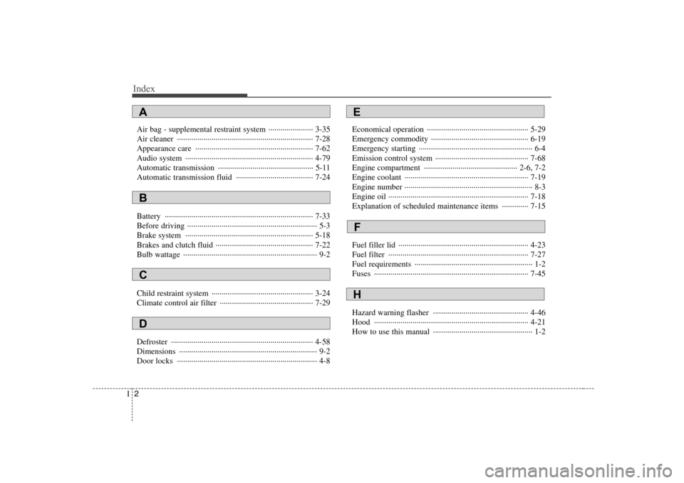 Hyundai H-1 (Grand Starex) 2009  Owners Manual Index
2
I
Air bag - supplemental restraint system  ······················ 3-35 
Air cleaner  ··········································�