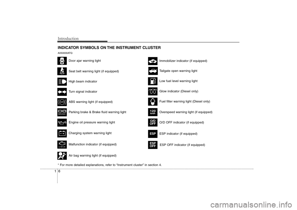 Hyundai H-1 (Grand Starex) 2009  Owners Manual Introduction
6
1
INDICATOR SYMBOLS ON THE INSTRUMENT CLUSTER
Seat belt warning light (if equipped)
High beam indicator
Turn signal indicator
ABS warning light (if equipped)
Parking brake & Brake fluid