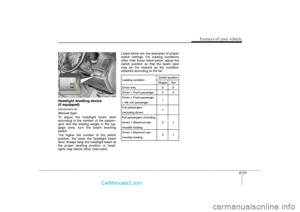 Hyundai H-1 (Grand Starex) 2009 Owners Manual - RHD (UK, Australia) 451
Features of your vehicle
Headlight levelling device (if equipped)
D191001ATQ-UK
Manual type
To adjust the headlight beam level
according to the number of the passen-
gers and the loading weight Hyundai H-1 (Grand Starex) 2009 Owners Manual - RHD (UK, Australia) 451
Features of your vehicle
Headlight levelling device (if equipped)
D191001ATQ-UK
Manual type
To adjust the headlight beam level
according to the number of the passen-
gers and the loading weight