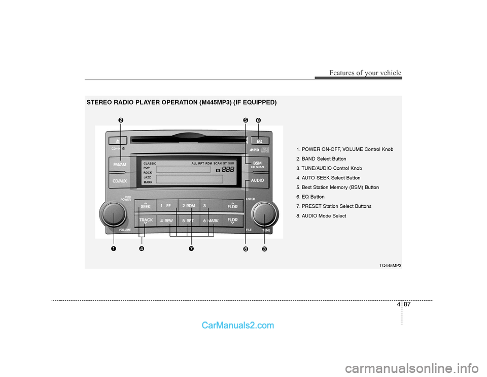 Hyundai H-1 (Grand Starex) 2009  Owners Manual - RHD (UK, Australia) 487
Features of your vehicle
1. POWER ON-OFF, VOLUME Control Knob 
2. BAND Select Button 
3. TUNE/AUDIO Control Knob
4. AUTO SEEK Select Button
5. Best Station Memory (BSM) Button
6. EQ Button
7. PRES