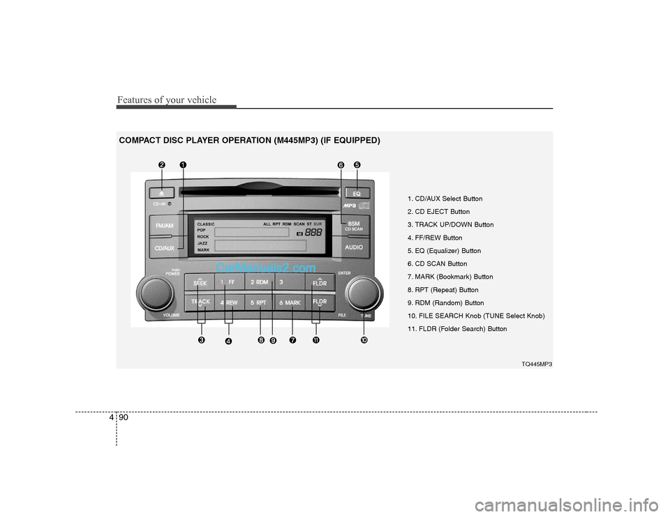 Hyundai H-1 (Grand Starex) 2009  Owners Manual - RHD (UK, Australia) Features of your vehicle
90
4
1. CD/AUX Select Button 
2. CD EJECT Button
3. TRACK UP/DOWN Button
4. FF/REW Button
5. EQ (Equalizer) Button
6. CD SCAN Button
7. MARK (Bookmark) Button
8. RPT (Repeat) 