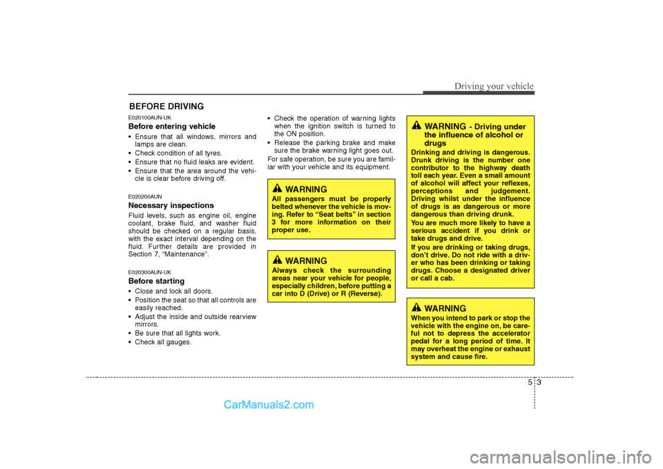 Hyundai H-1 (Grand Starex) 2009  Owners Manual - RHD (UK, Australia) 53
Driving your vehicle
E020100AUN-UK 
Before entering vehicle 
• Ensure that all windows, mirrors andlamps are clean.
 Check condition of all tyres. 
 Ensure that no fluid leaks are evident.
 Ensur