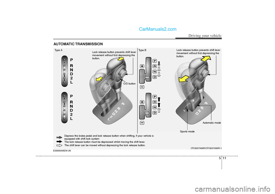 Hyundai H-1 (Grand Starex) 2009 Owners Manual - RHD (UK, Australia) 511
Driving your vehicle
E060000AEN-UKAUTOMATIC TRANSMISSION
The shift lever can be moved without depressing the lock release button.
O/D button
Type A
Lock release button prevents shift lever
moveme Hyundai H-1 (Grand Starex) 2009 Owners Manual - RHD (UK, Australia) 511
Driving your vehicle
E060000AEN-UKAUTOMATIC TRANSMISSION
The shift lever can be moved without depressing the lock release button.
O/D button
Type A
Lock release button prevents shift lever
moveme