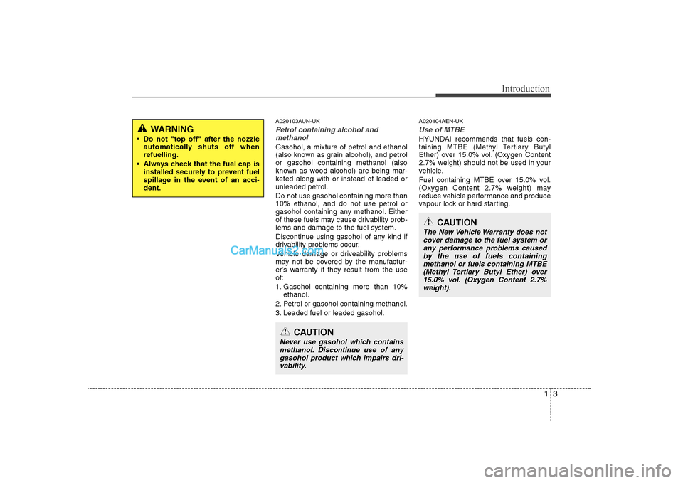 Hyundai H-1 (Grand Starex) 2009  Owners Manual - RHD (UK, Australia) 13
Introduction
A020103AUN-UK
Petrol containing alcohol andmethanol
Gasohol, a mixture of petrol and ethanol 
(also known as grain alcohol), and petrolor gasohol containing methanol (also
known as woo