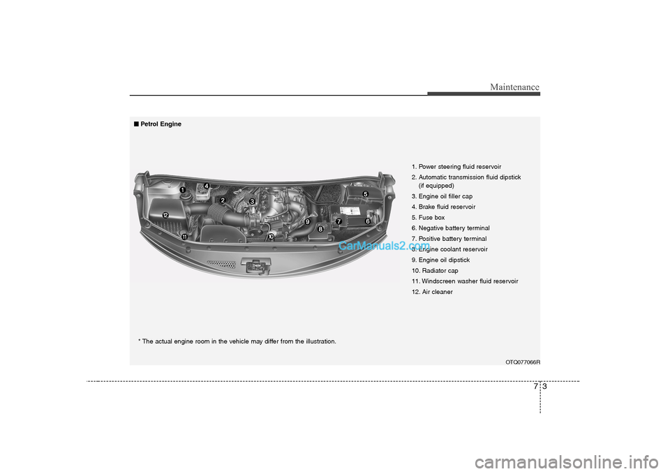 Hyundai H-1 (Grand Starex) 2009  Owners Manual - RHD (UK, Australia) 73
Maintenance
OTQ077066R
1. Power steering fluid reservoir 
2. Automatic transmission fluid dipstick 
(if equipped)
3. Engine oil filler cap
4. Brake fluid reservoir
5. Fuse box
6. Negative battery t