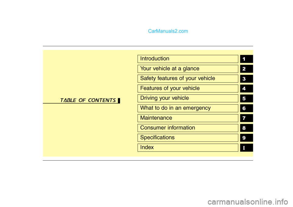 Hyundai H-1 (Grand Starex) 2009 Owners Manual - RHD (UK, Australia) 1 2 3 4 5 6 789Introduction
Your vehicle at a glance
Safety features of your vehicle
Features of your vehicle
Driving your vehicle
What to do in an emergency
Maintenance
Consumer information
Specifica Hyundai H-1 (Grand Starex) 2009 Owners Manual - RHD (UK, Australia) 1 2 3 4 5 6 789Introduction
Your vehicle at a glance
Safety features of your vehicle
Features of your vehicle
Driving your vehicle
What to do in an emergency
Maintenance
Consumer information
Specifica