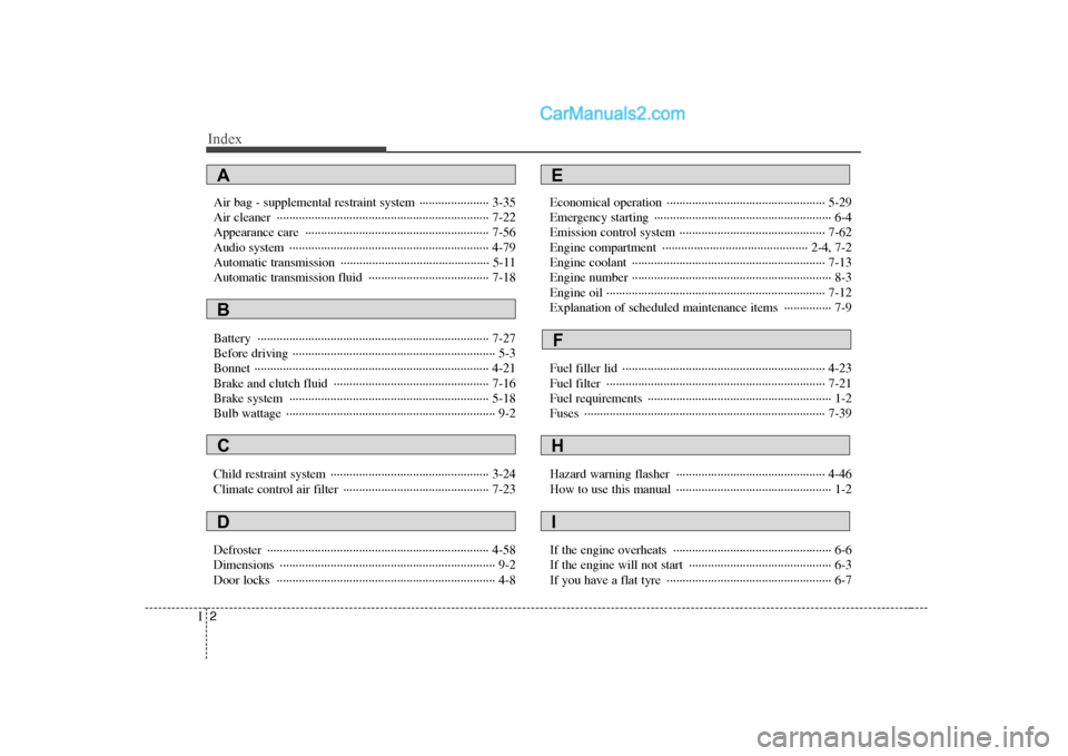 Hyundai H-1 (Grand Starex) 2009  Owners Manual - RHD (UK, Australia) Index
2
I
Air bag - supplemental restraint system  ······················ 3-35 
Air cleaner  ··········································�