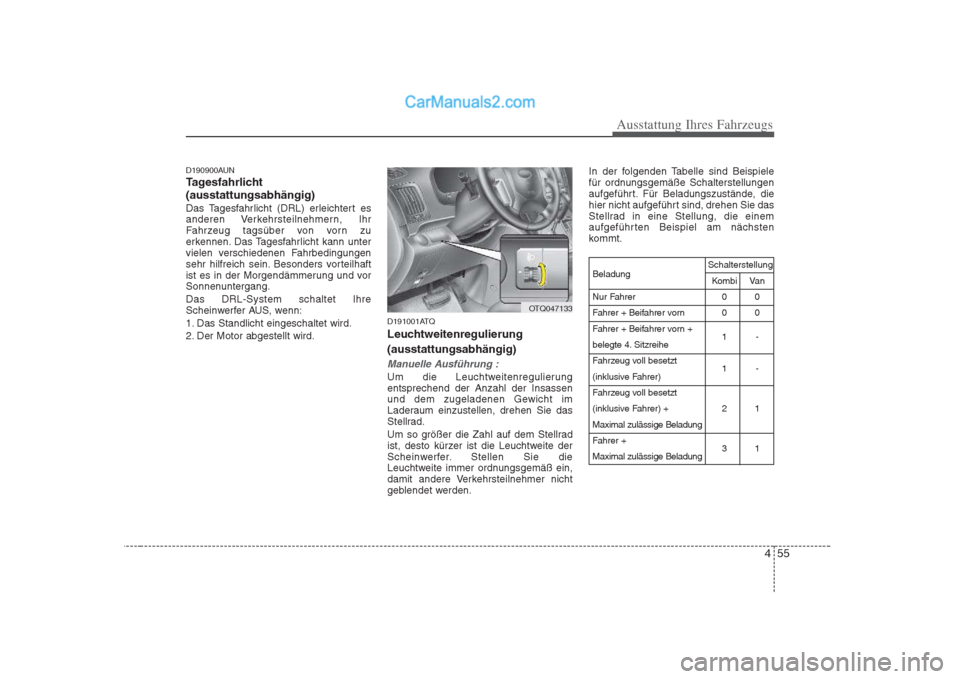 Hyundai H-1 (Grand Starex) 2009 Betriebsanleitung (in German) 455
Ausstattung Ihres Fahrzeugs
D190900AUN
Tagesfahrlicht(ausstattungsabhängig)
Das Tagesfahrlicht (DRL) erleichtert es
anderen Verkehrsteilnehmern, Ihr
Fahrzeug tagsüber von vorn zu
erkennen. Das Hyundai H-1 (Grand Starex) 2009 Betriebsanleitung (in German) 455
Ausstattung Ihres Fahrzeugs
D190900AUN
Tagesfahrlicht(ausstattungsabhängig)
Das Tagesfahrlicht (DRL) erleichtert es
anderen Verkehrsteilnehmern, Ihr
Fahrzeug tagsüber von vorn zu
erkennen. Das