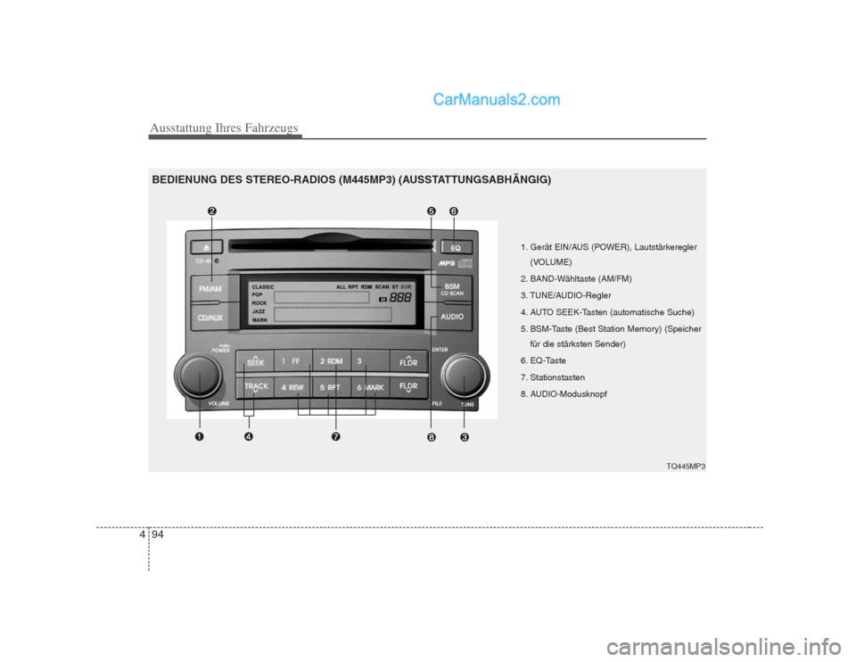 Hyundai H-1 (Grand Starex) 2009 Betriebsanleitung (in German) Ausstattung Ihres Fahrzeugs
94
4
1. Gerät EIN/AUS (POWER), Lautstärkeregler
(VOLUME)
2. BAND-Wähltaste (AM/FM)
3. TUNE/AUDIO-Regler
4. AUTO SEEK-Tasten (automatische Suche)
5. BSM-Taste (Best Stat Hyundai H-1 (Grand Starex) 2009 Betriebsanleitung (in German) Ausstattung Ihres Fahrzeugs
94
4
1. Gerät EIN/AUS (POWER), Lautstärkeregler
(VOLUME)
2. BAND-Wähltaste (AM/FM)
3. TUNE/AUDIO-Regler
4. AUTO SEEK-Tasten (automatische Suche)
5. BSM-Taste (Best Stat