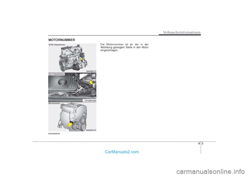 Hyundai H-1 (Grand Starex) 2009 Betriebsanleitung (in German) 83
Verbraucherinformationen
H04000AUNDie Motornummer ist an der in der
Abbildung gezeigten Stelle in den Motoreingeschlagen.
MOTORNUMMER
B060B01P
OTQ087004
B060D01P
4D56 Dieselmotor
A2.5 Dieselmotor
Hyundai H-1 (Grand Starex) 2009 Betriebsanleitung (in German) 83
Verbraucherinformationen
H04000AUNDie Motornummer ist an der in der
Abbildung gezeigten Stelle in den Motoreingeschlagen.
MOTORNUMMER
B060B01P
OTQ087004
B060D01P
4D56 Dieselmotor
A2.5 Dieselmotor
