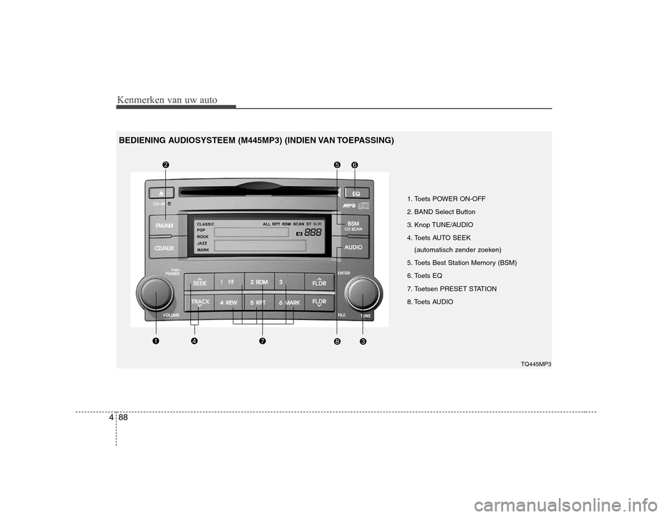 Hyundai H-1 (Grand Starex) 2009 Handleiding (in Dutch) Kenmerken van uw auto
88
4
1. Toets POWER ON-OFF
2. BAND Select Button
3. Knop TUNE/AUDIO
4. Toets AUTO SEEK
(automatisch zender zoeken)
5. Toets Best Station Memory (BSM)
6. Toets EQ
7. Toetsen PR Hyundai H-1 (Grand Starex) 2009 Handleiding (in Dutch) Kenmerken van uw auto
88
4
1. Toets POWER ON-OFF
2. BAND Select Button
3. Knop TUNE/AUDIO
4. Toets AUTO SEEK
(automatisch zender zoeken)
5. Toets Best Station Memory (BSM)
6. Toets EQ
7. Toetsen PR