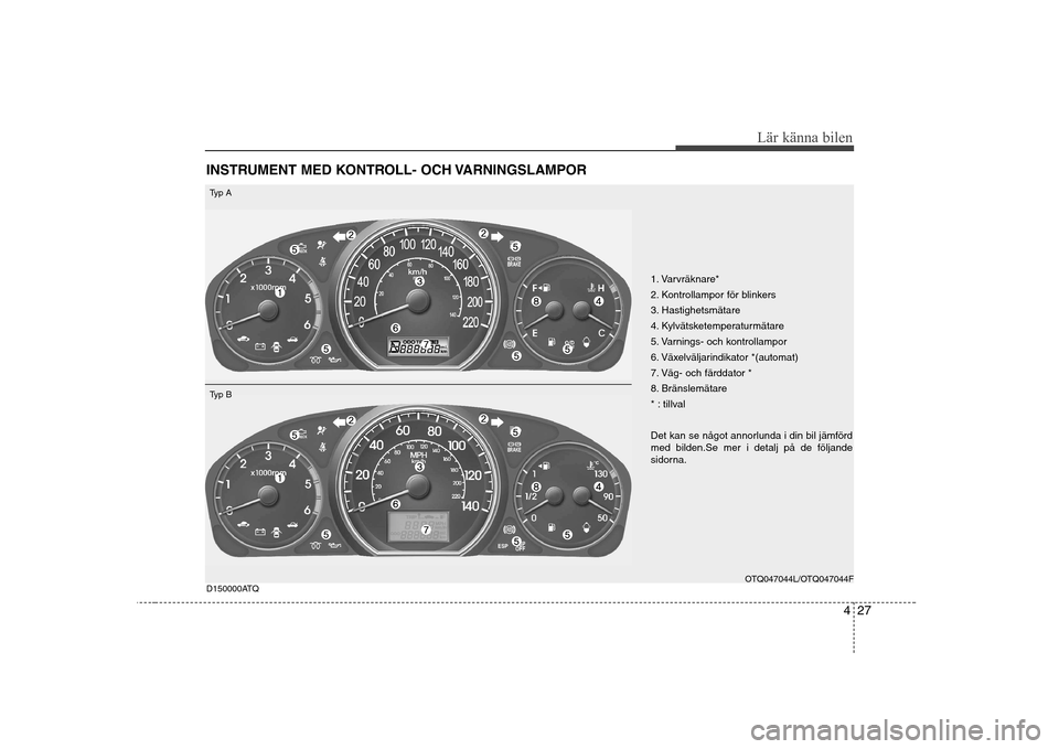 Hyundai H-1 (Grand Starex) 2009 Ägarmanual (in Swedish) 427
Lär känna bilen
INSTRUMENT MED KONTROLL- OCH VARNINGSLAMPOR
1. Varvräknare*
2. Kontrollampor för blinkers
3. Hastighetsmätare
4. Kylvätsketemperaturmätare
5. Varnings- och kontrollampor
6. Hyundai H-1 (Grand Starex) 2009 Ägarmanual (in Swedish) 427
Lär känna bilen
INSTRUMENT MED KONTROLL- OCH VARNINGSLAMPOR
1. Varvräknare*
2. Kontrollampor för blinkers
3. Hastighetsmätare
4. Kylvätsketemperaturmätare
5. Varnings- och kontrollampor
6.