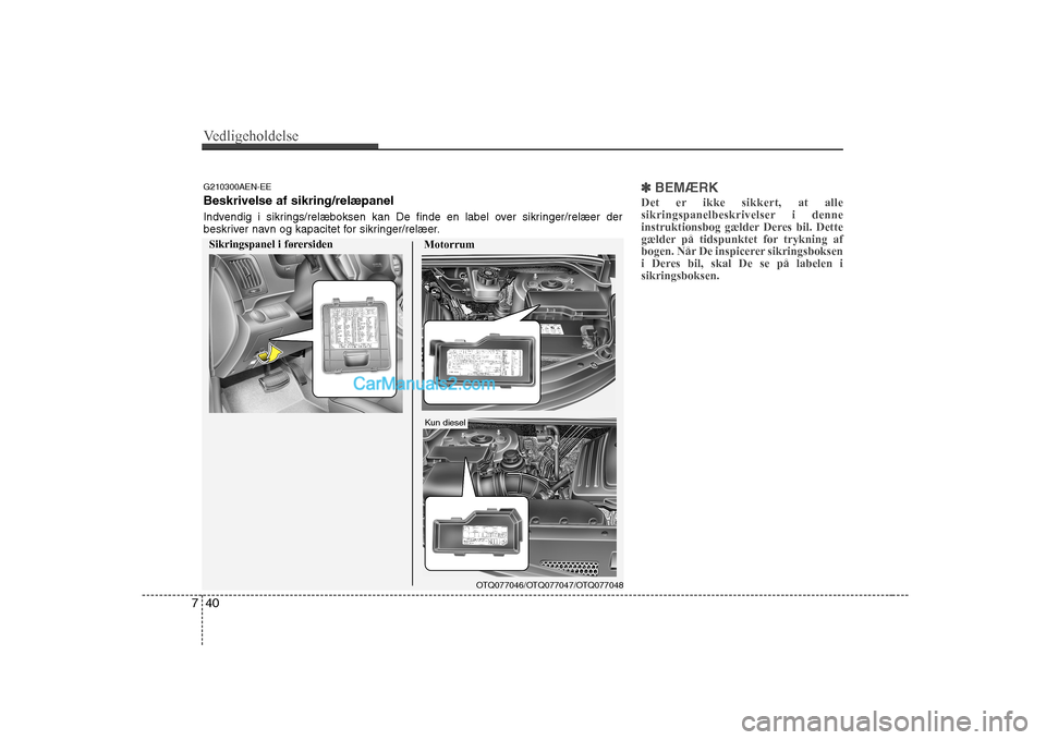 Hyundai H-1 (Grand Starex) 2008  Instruktionsbog (in Danish) Vedligeholdelse
40
7
✽✽
BEMÆRK
Det er ikke sikkert, at alle 
sikringspanelbeskrivelser i denne
instruktionsbog gælder Deres bil. Dette
gælder på tidspunktet for trykning af
bogen. Når De insp