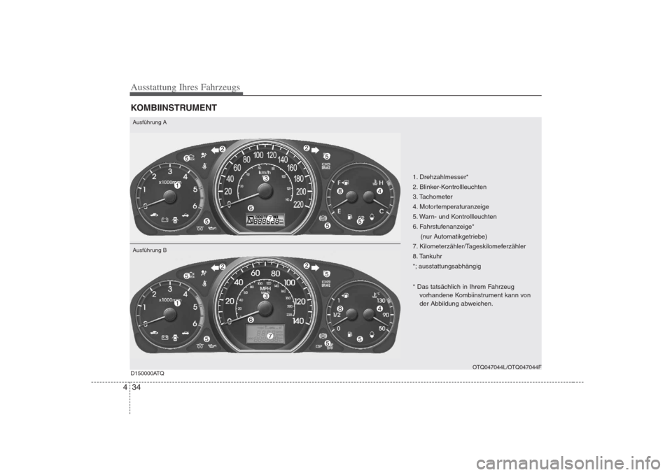 Hyundai H-1 (Grand Starex) 2008  Betriebsanleitung (in German) Ausstattung Ihres Fahrzeugs
34
4
KOMBIINSTRUMENT
1. Drehzahlmesser* 
2. Blinker-Kontrollleuchten
3. Tachometer
4. Motortemperaturanzeige
5. Warn- und Kontrollleuchten
6. Fahrstufenanzeige*
(nur Automa