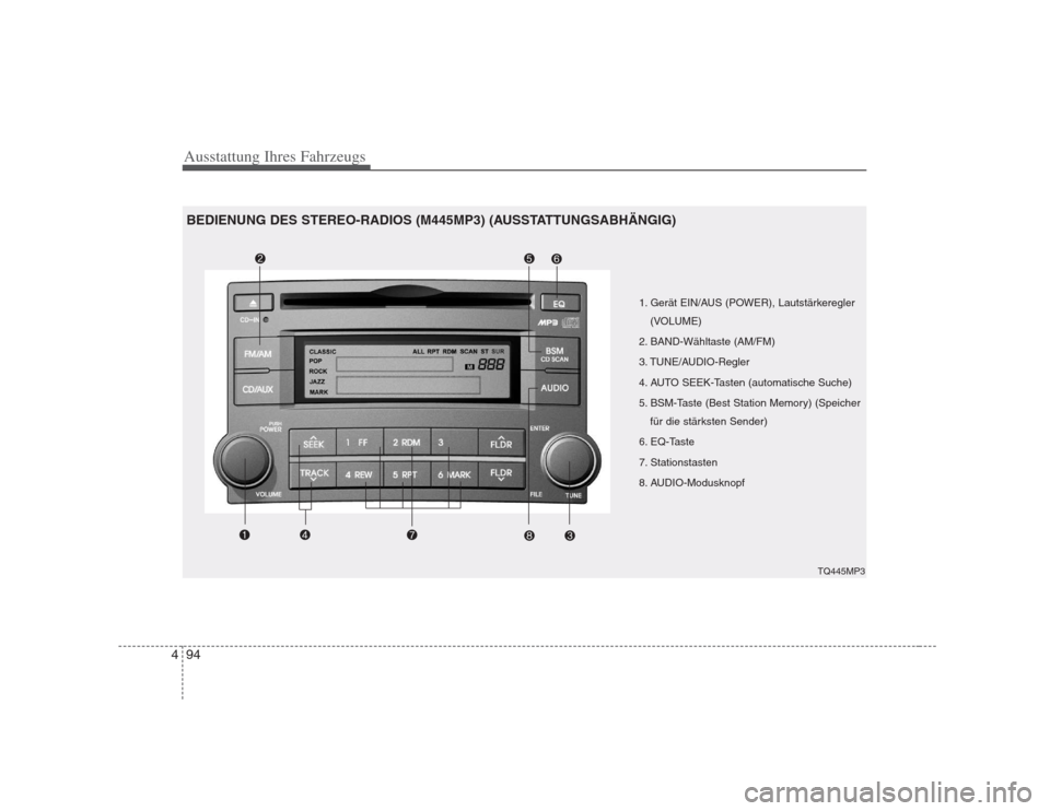 Hyundai H-1 (Grand Starex) 2008  Betriebsanleitung (in German) Ausstattung Ihres Fahrzeugs
94
4
1. Gerät EIN/AUS (POWER), Lautstärkeregler
(VOLUME)
2. BAND-Wähltaste (AM/FM) 
3. TUNE/AUDIO-Regler
4. AUTO SEEK-Tasten (automatische Suche)
5. BSM-Taste (Best Stat