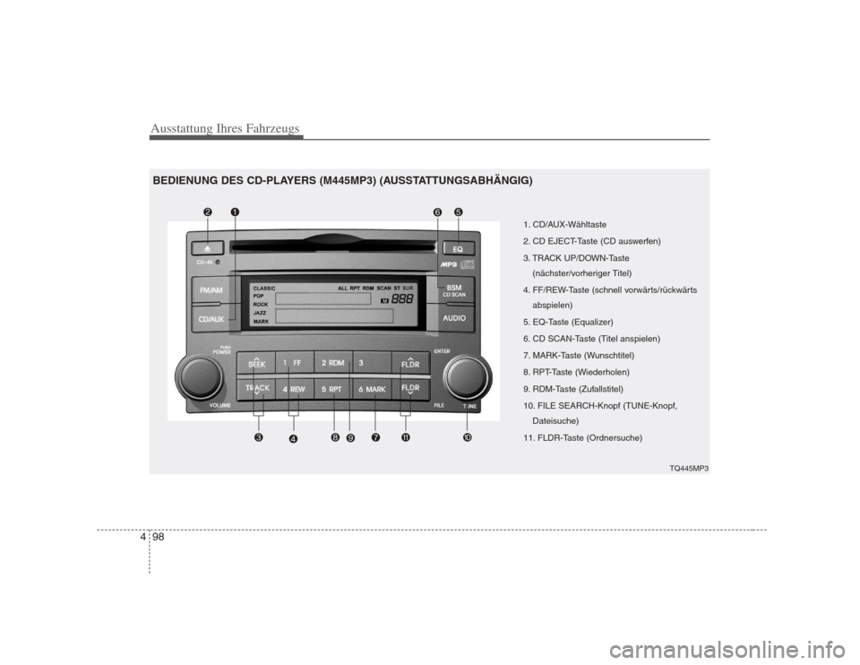 Hyundai H-1 (Grand Starex) 2008  Betriebsanleitung (in German) Ausstattung Ihres Fahrzeugs
98
4
1. CD/AUX-Wähltaste 
2. CD EJECT-Taste (CD auswerfen)
3. TRACK UP/DOWN-Taste
(nächster/vorheriger Titel)
4. FF/REW-Taste (schnell vorwärts/rückwärts abspielen)
5.