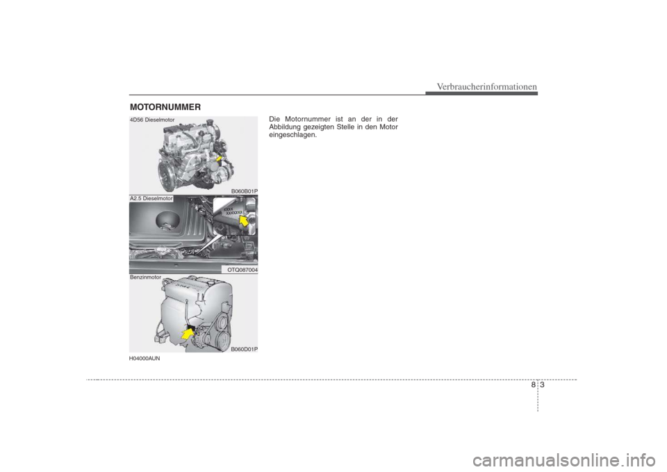 Hyundai H-1 (Grand Starex) 2008  Betriebsanleitung (in German) 83
Verbraucherinformationen
H04000AUNDie Motornummer ist an der in der 
Abbildung gezeigten Stelle in den Motoreingeschlagen.
MOTORNUMMER
B060B01P
OTQ087004
B060D01P
4D56 Dieselmotor
A2.5 Dieselmotor
