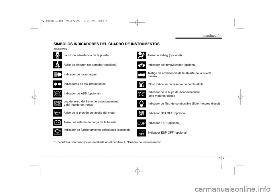 Hyundai H-1 (Grand Starex) 2008 Manual del propietario (in Spanish) 17
Introducción
SÍMBOLOS INDICADORES DEL CUADRO DE INSTRUMENTOS
Aviso de cinturón sin abrochar (opcional)
Indicador de luces largas
Indicadores de los intermitentes
Indicador de ABS (opcional)
Luz Hyundai H-1 (Grand Starex) 2008 Manual del propietario (in Spanish) 17
Introducción
SÍMBOLOS INDICADORES DEL CUADRO DE INSTRUMENTOS
Aviso de cinturón sin abrochar (opcional)
Indicador de luces largas
Indicadores de los intermitentes
Indicador de ABS (opcional)
Luz