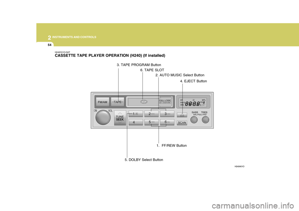 Hyundai H-1 (Grand Starex) 2007 Owners Manual 2 INSTRUMENTS AND CONTROLS
54
H240C01O-GAT CASSETTE TAPE PLAYER OPERATION (H240) (If installed)
H240A01O
1. FF/REW Button
2. AUTO MUSIC Select Button
3. TAPE PROGRAM Button
4. EJECT Button
5. DOLBY S Hyundai H-1 (Grand Starex) 2007 Owners Manual 2 INSTRUMENTS AND CONTROLS
54
H240C01O-GAT CASSETTE TAPE PLAYER OPERATION (H240) (If installed)
H240A01O
1. FF/REW Button
2. AUTO MUSIC Select Button
3. TAPE PROGRAM Button
4. EJECT Button
5. DOLBY S
