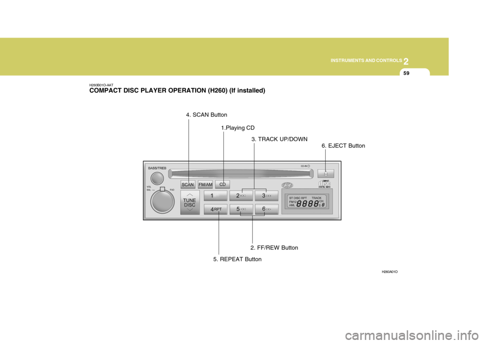 Hyundai H-1 (Grand Starex) 2007 Owners Manual 2
INSTRUMENTS AND CONTROLS
59
H260B01O-AAT COMPACT DISC PLAYER OPERATION (H260) (If installed)
H260A01O
1.Playing CD
2. FF/REW Button
3. TRACK UP/DOWN
4. SCAN Button
5. REPEAT Button 6. EJECT Button Hyundai H-1 (Grand Starex) 2007 Owners Manual 2
INSTRUMENTS AND CONTROLS
59
H260B01O-AAT COMPACT DISC PLAYER OPERATION (H260) (If installed)
H260A01O
1.Playing CD
2. FF/REW Button
3. TRACK UP/DOWN
4. SCAN Button
5. REPEAT Button 6. EJECT Button