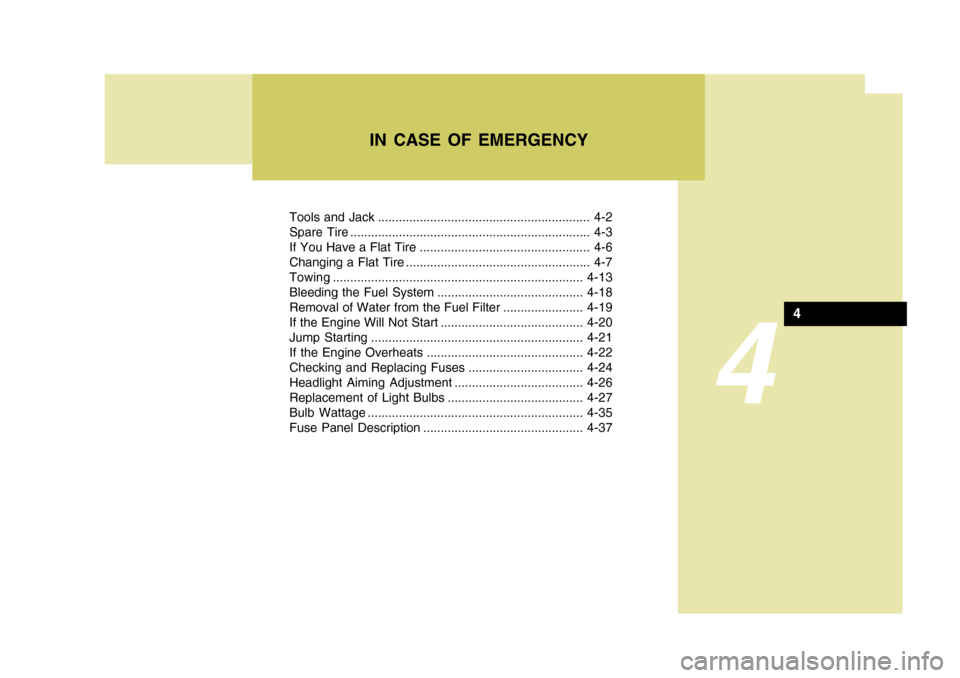 Hyundai H-1 (Grand Starex) 2007  Owners Manual 4
Tools and Jack ............................................................. 4-2 
Spare Tire ..................................................................... 4-3
If You Have a Flat Tire .......