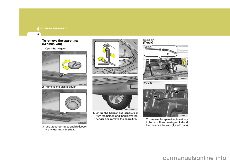 Hyundai H-1 (Grand Starex) 2007 Owners Manual 44IN CASE OF EMERGENCY
4
To remove the spare tire: (Minibus/Van)
1. Open the tailgate
2. Remove the plastic cover. HSRFL052
HSRFL053
3. Use the wheel nut wrench to loosen the holder mounting bolt. H Hyundai H-1 (Grand Starex) 2007 Owners Manual 44IN CASE OF EMERGENCY
4
To remove the spare tire: (Minibus/Van)
1. Open the tailgate
2. Remove the plastic cover. HSRFL052
HSRFL053
3. Use the wheel nut wrench to loosen the holder mounting bolt. H