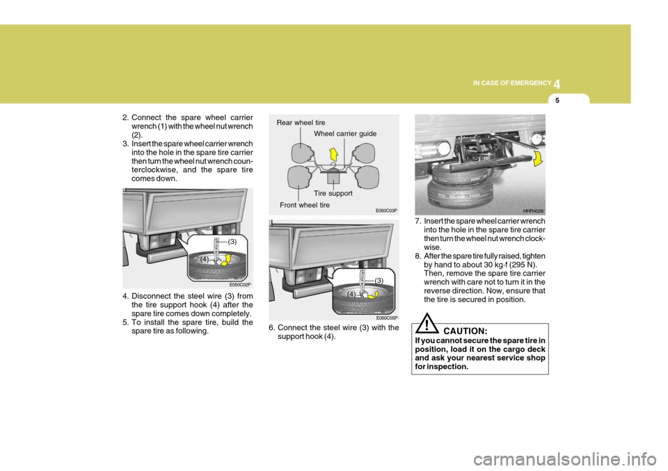 Hyundai H-1 (Grand Starex) 2007  Owners Manual 4
CORROSION PREVENTION AND APPEARANCE CARE
5
4
IN CASE OF EMERGENCY
5
4. Disconnect the steel wire (3) from
the tire support hook (4) after the spare tire comes down completely.
5. To install the spar