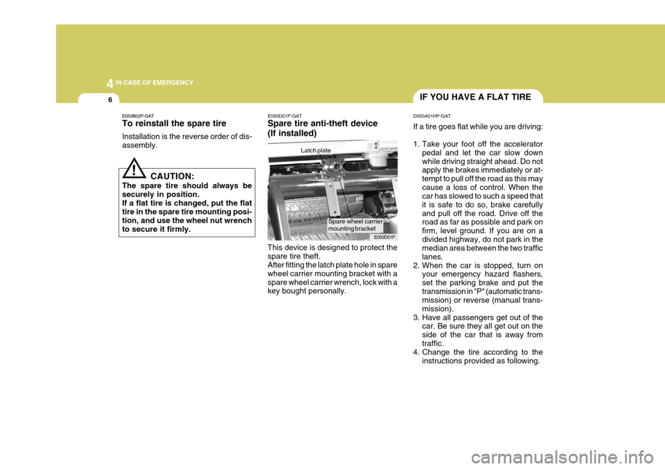 Hyundai H-1 (Grand Starex) 2007  Owners Manual 44IN CASE OF EMERGENCY
6IF YOU HAVE A FLAT TIRE
E050D01P-GAT Spare tire anti-theft device (If installed) This device is designed to protect the spare tire theft. After fitting the latch plate hole in 