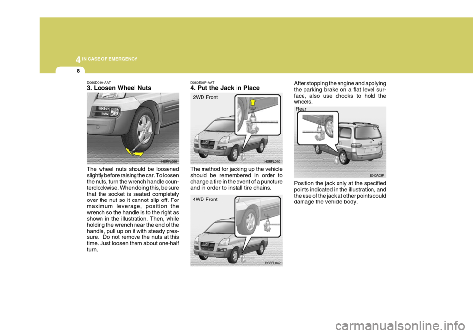 Hyundai H-1 (Grand Starex) 2007 Owners Manual 44IN CASE OF EMERGENCY
8
D060D01A-AAT 3. Loosen Wheel Nuts The wheel nuts should be loosened slightly before raising the car. To loosenthe nuts, turn the wrench handle coun- terclockwise. When doing t Hyundai H-1 (Grand Starex) 2007 Owners Manual 44IN CASE OF EMERGENCY
8
D060D01A-AAT 3. Loosen Wheel Nuts The wheel nuts should be loosened slightly before raising the car. To loosenthe nuts, turn the wrench handle coun- terclockwise. When doing t