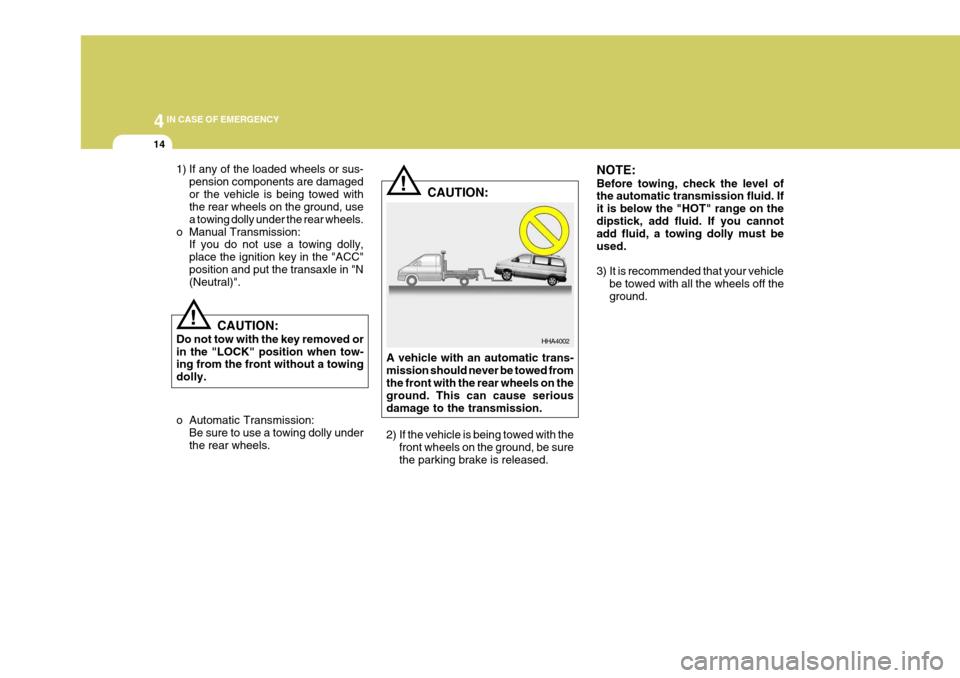 Hyundai H-1 (Grand Starex) 2007  Owners Manual 44IN CASE OF EMERGENCY
14
!
!
1) If any of the loaded wheels or sus-
pension components are damaged or the vehicle is being towed with the rear wheels on the ground, use a towing dolly under the rear 