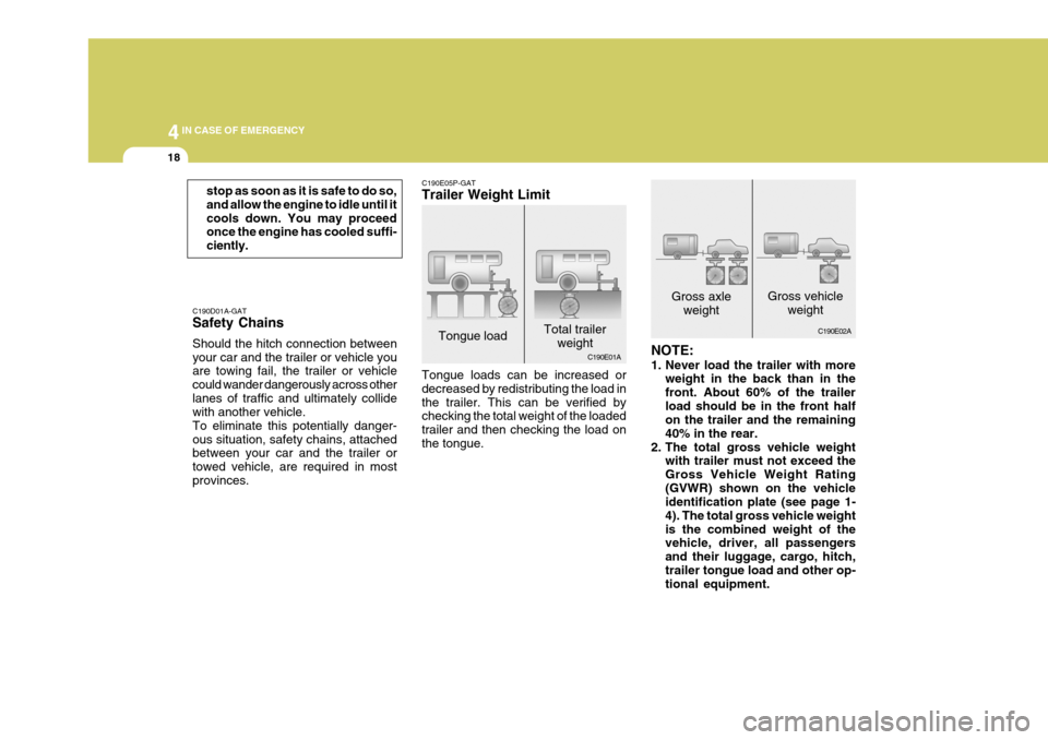 Hyundai H-1 (Grand Starex) 2007  Owners Manual 44IN CASE OF EMERGENCY
18
stop as soon as it is safe to do so, and allow the engine to idle until itcools down. You may proceed once the engine has cooled suffi- ciently.
C190D01A-GAT Safety Chains Sh