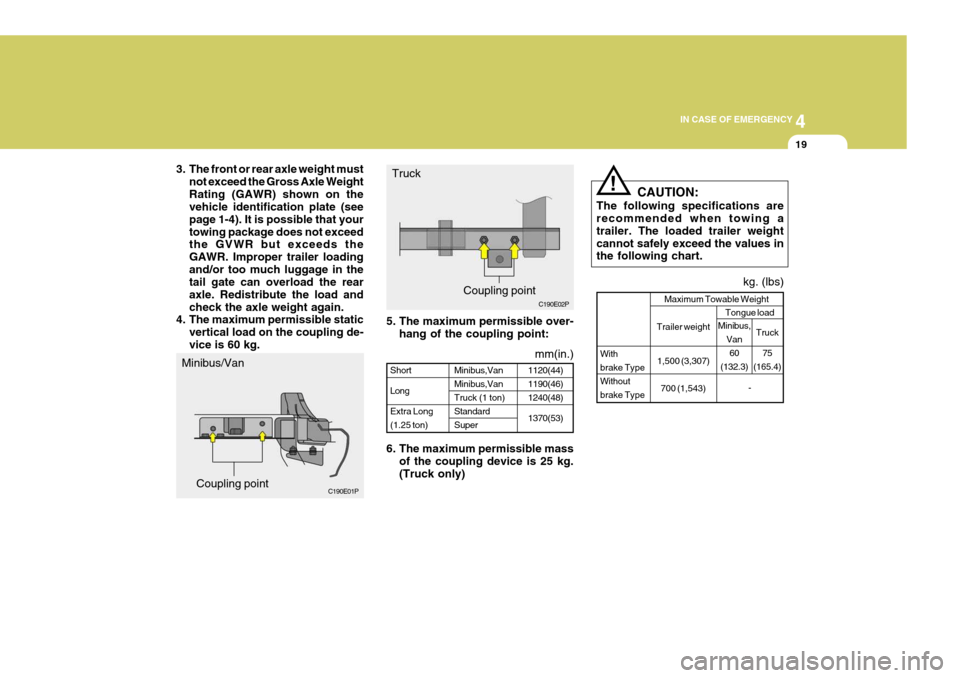 Hyundai H-1 (Grand Starex) 2007  Owners Manual 4
CORROSION PREVENTION AND APPEARANCE CARE
19
4
IN CASE OF EMERGENCY
19
5. The maximum permissible over-
hang of the coupling point:
6. The maximum permissible mass of the coupling device is 25 kg. (T