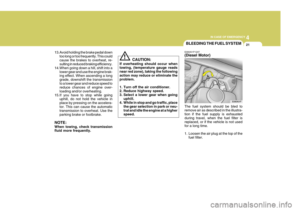 Hyundai H-1 (Grand Starex) 2007  Owners Manual 4
CORROSION PREVENTION AND APPEARANCE CARE
21
4
IN CASE OF EMERGENCY
21BLEEDING THE FUEL SYSTEM
CAUTION:
If overheating should occur when towing, (temperature gauge reads near red zone), taking the fo
