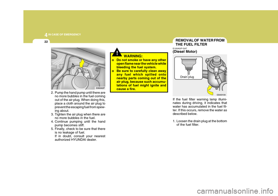 Hyundai H-1 (Grand Starex) 2007 Owners Manual 44IN CASE OF EMERGENCY
22
2. Pump the hand pump until there are
no more bubbles in the fuel coming out of the air plug. When doing this,place a cloth around the air plug to prevent the escaping fuel f Hyundai H-1 (Grand Starex) 2007 Owners Manual 44IN CASE OF EMERGENCY
22
2. Pump the hand pump until there are
no more bubbles in the fuel coming out of the air plug. When doing this,place a cloth around the air plug to prevent the escaping fuel f
