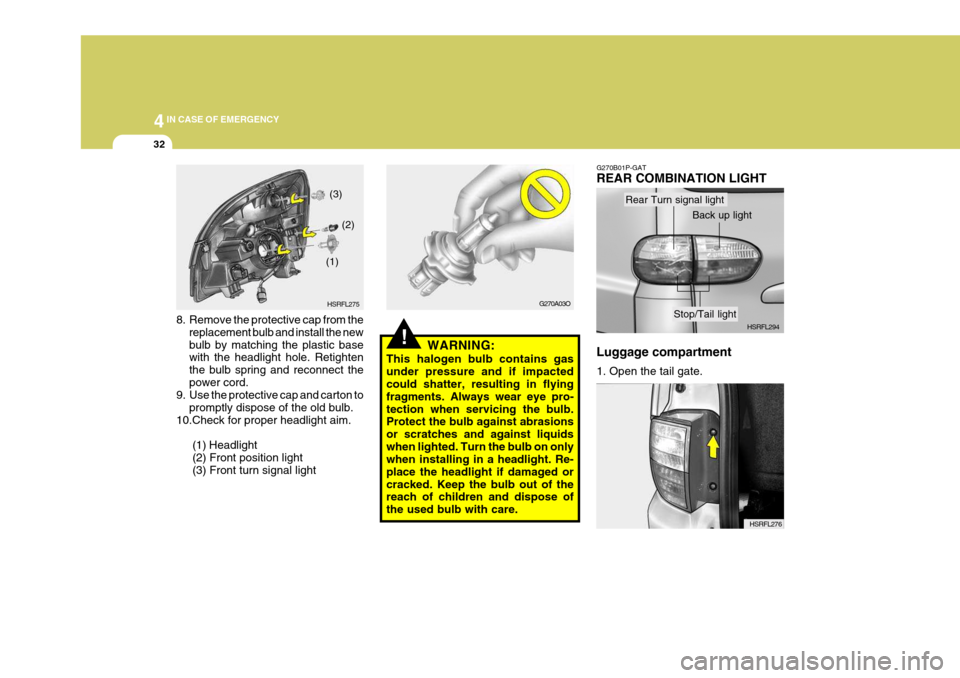 Hyundai H-1 (Grand Starex) 2007  Owners Manual 44IN CASE OF EMERGENCY
32
8. Remove the protective cap from the
replacement bulb and install the new bulb by matching the plastic base with the headlight hole. Retighten the bulb spring and reconnect 