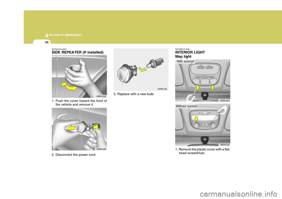 Hyundai H-1 (Grand Starex) 2007  Owners Manual 44IN CASE OF EMERGENCY
34
HSRFL283
G270C01A-GAT SIDE REPEATER (If installed) 
1. Push the cover toward the front of
the vehicle and remove it. HSRFL292
3. Replace with a new bulb. HSRFL284
2. Disconne